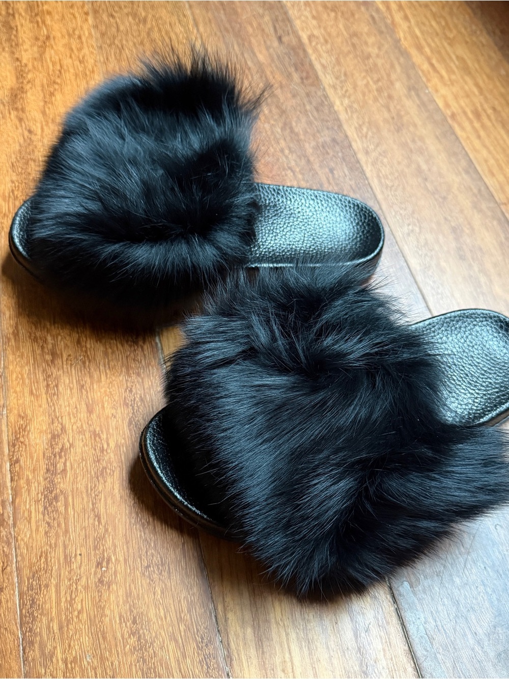 New Black Real Fox Fur Upper /Rubber bottom Slide Sandals/Slippers size Women 7